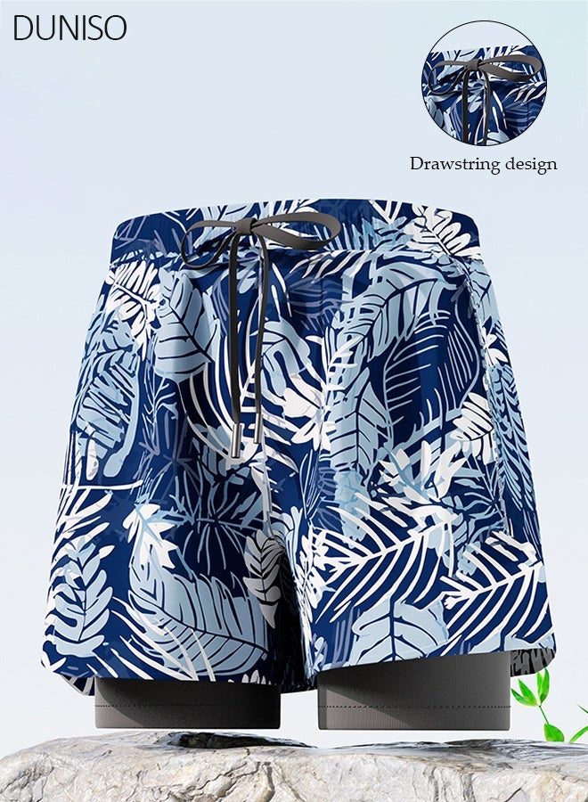 DUNISO Men's Swimming Trunks with Compression Liner, Double Layer Quick Dry Beach Shorts with Adjustable Belt Loose Breath Swim Shorts Swimwear Bathing Suits for Beach and Swimming - Image 1